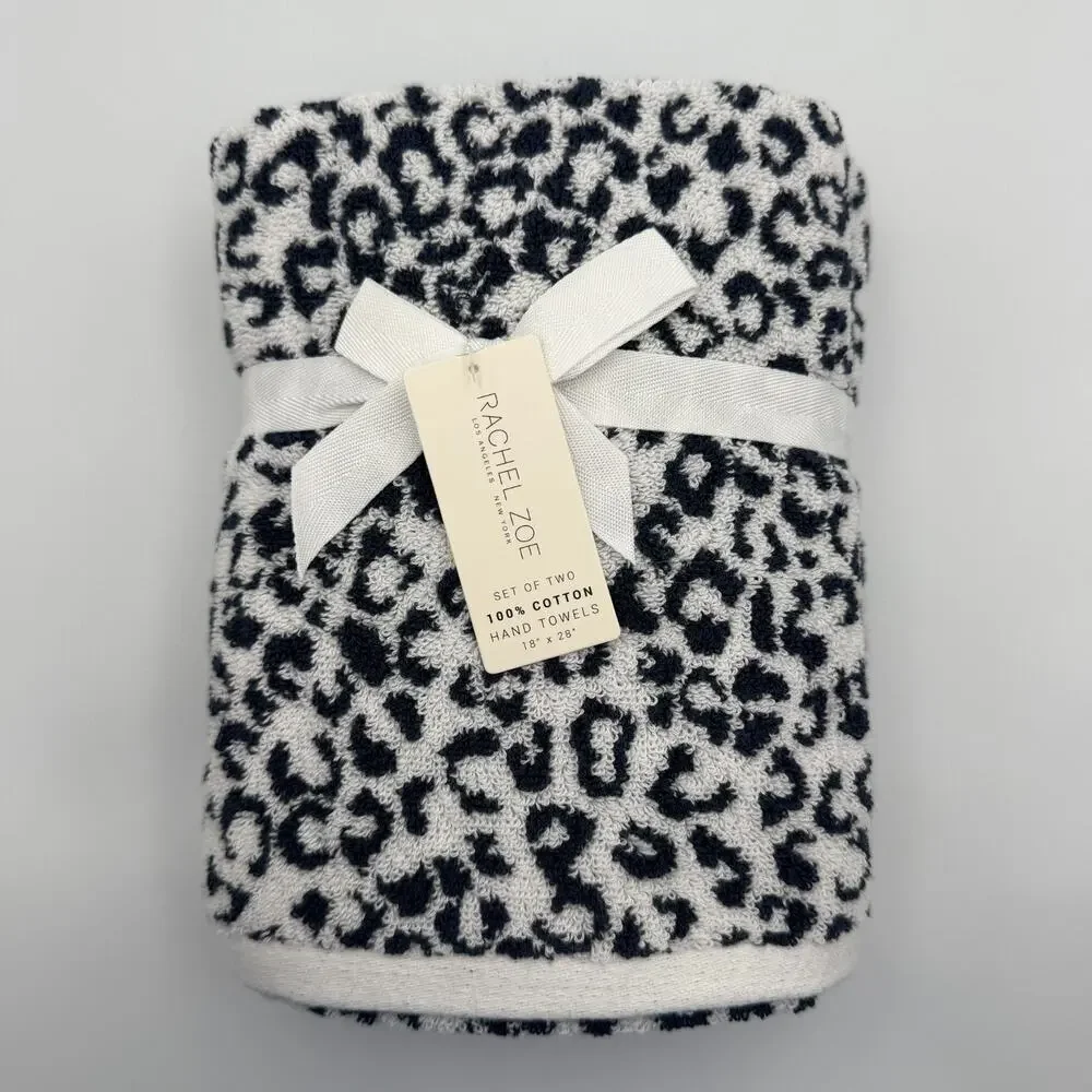 Rachel Zoe Leopard Cheetah Animal Print Hand Towel Set of 2 Navy White 18 x 28